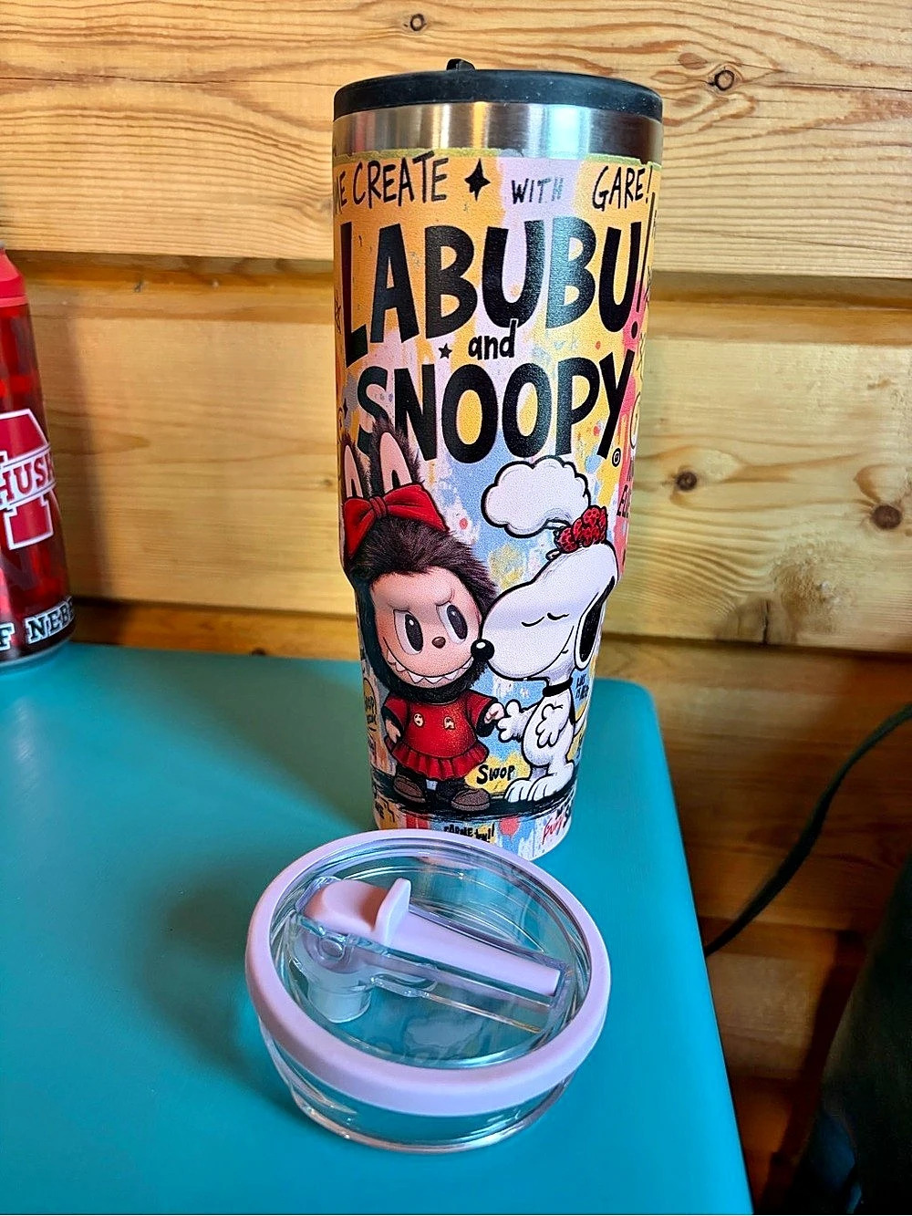 Peanuts Snoopy Labubu Tumbler in Pink & Black